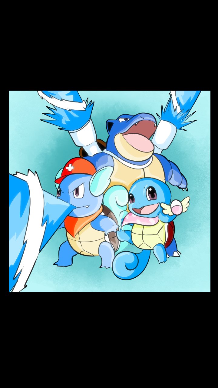 Cartoon illustration of five Pokémon characters, including Blastoise, Squirtle, and others, with vibrant colors and energetic poses.