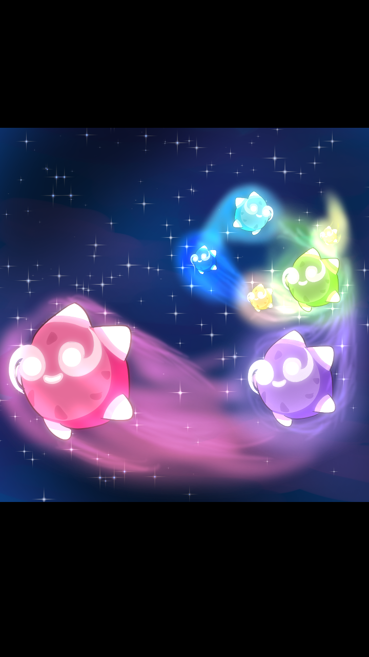 Colorful, glowing cartoon creatures resembling small dolphins floating in space with stars in the background.