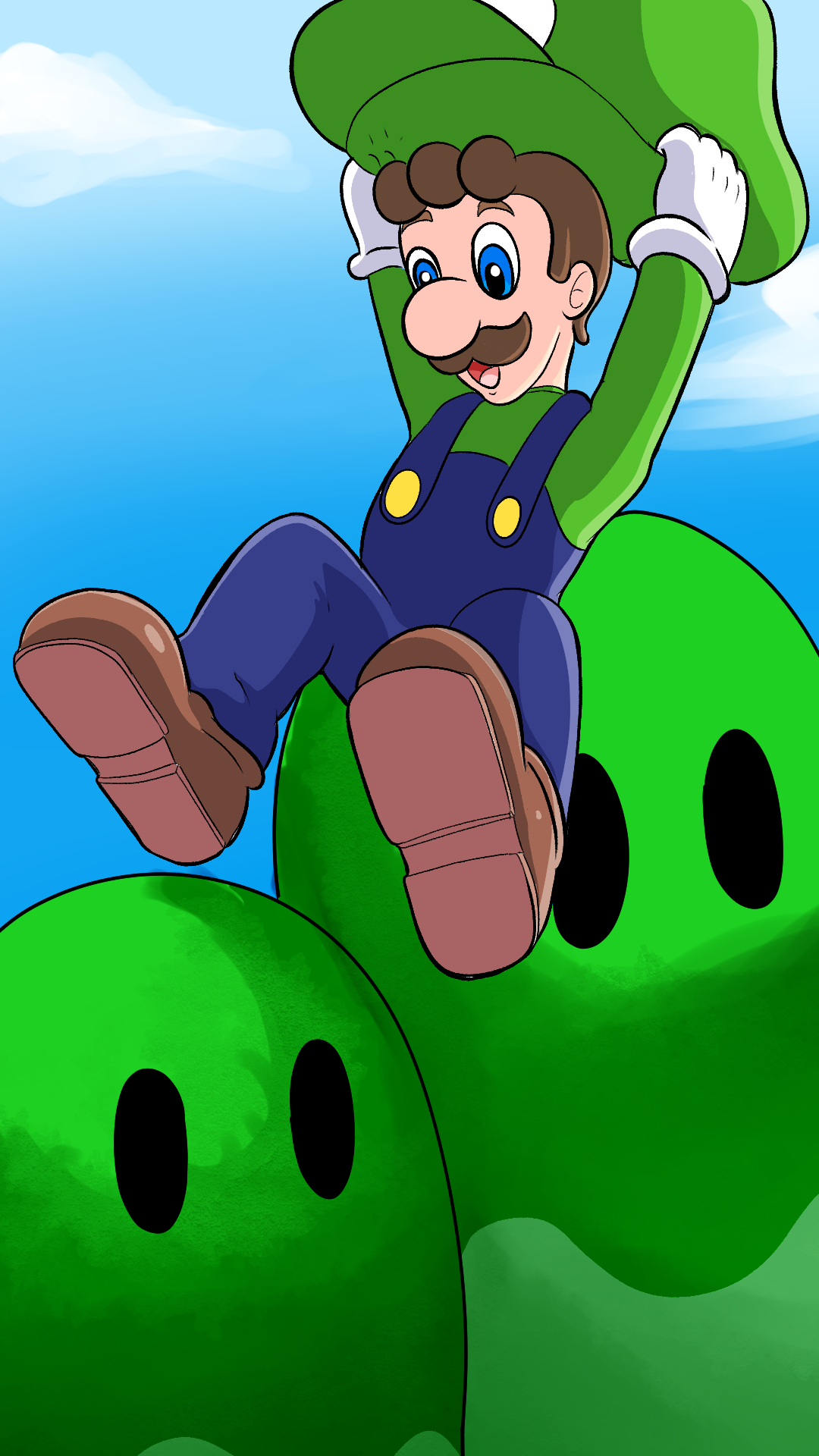 Mario, a cartoon character with a mustache, wearing a green hat, green shirt, and blue overalls, is sitting on a large green Yoshi egg. The background features a blue sky with light clouds.