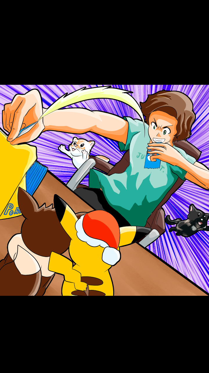 A cartoon illustration of a young man with brown hair, wearing a light blue shirt, fighting off multiple Pokémon characters. The Pokémon include Pikachu wearing a Santa hat, Meowth, and a small black Pokémon. The background features purple dynamic li