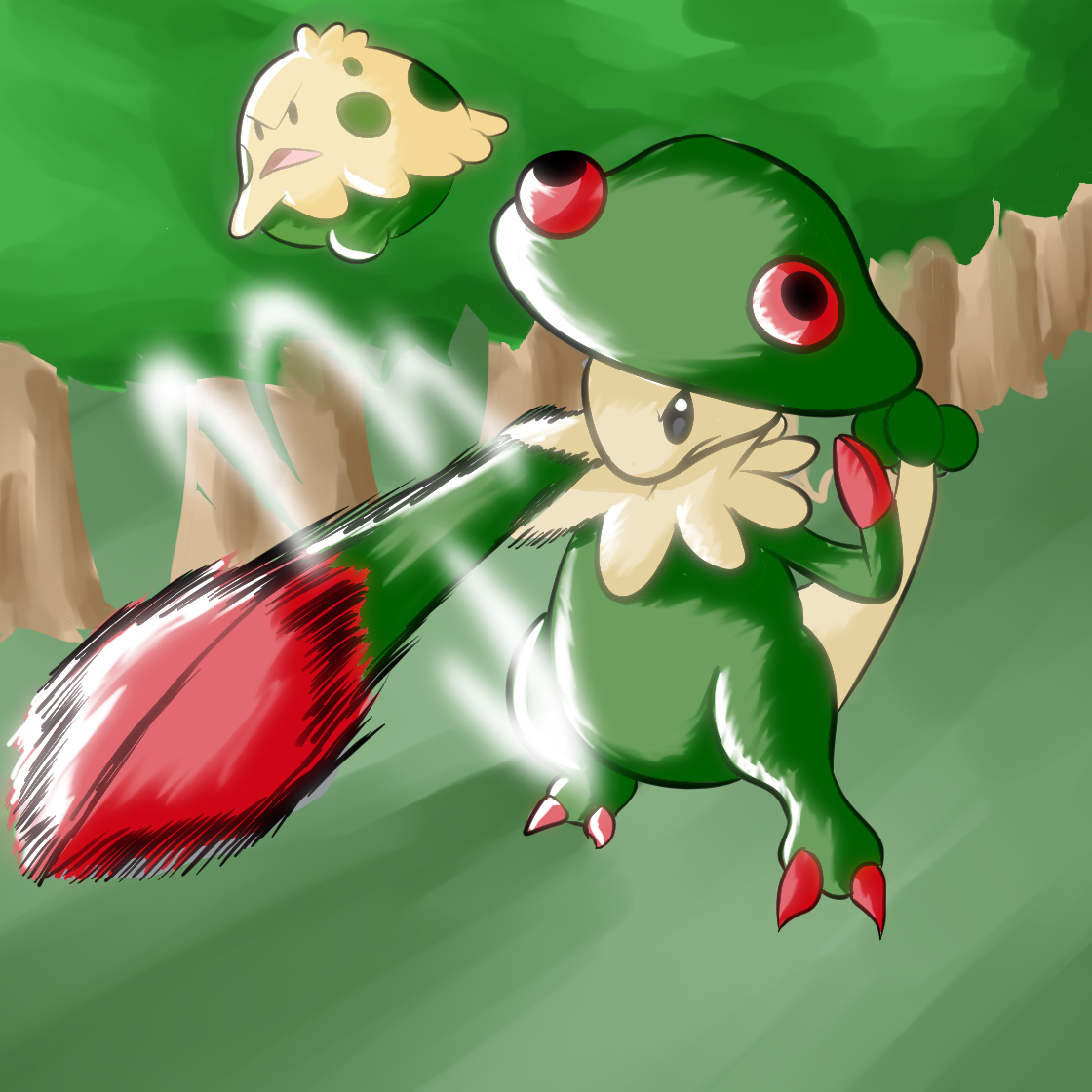 A cartoon-style green dinosaur with red eyes, a beige belly, and red claws fighting a small, floating creature with a yellow body and dark spots in a jungle background.