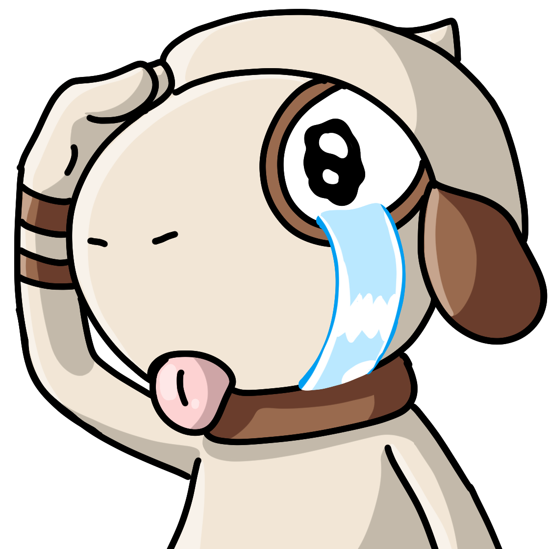Cartoon dog with drooping eyes and tongue sticking out, feeling sad or tired, with a tear streaming down its face.