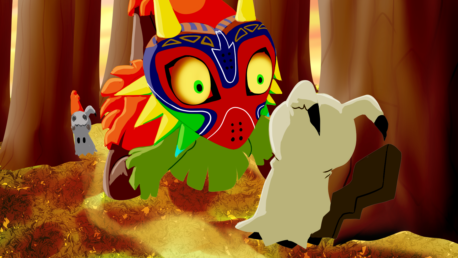 A colorful animated character wearing a face mask and feathered costume holding a black object, standing in a forest with fallen leaves. There is a small gray creature with big eyes in the background.