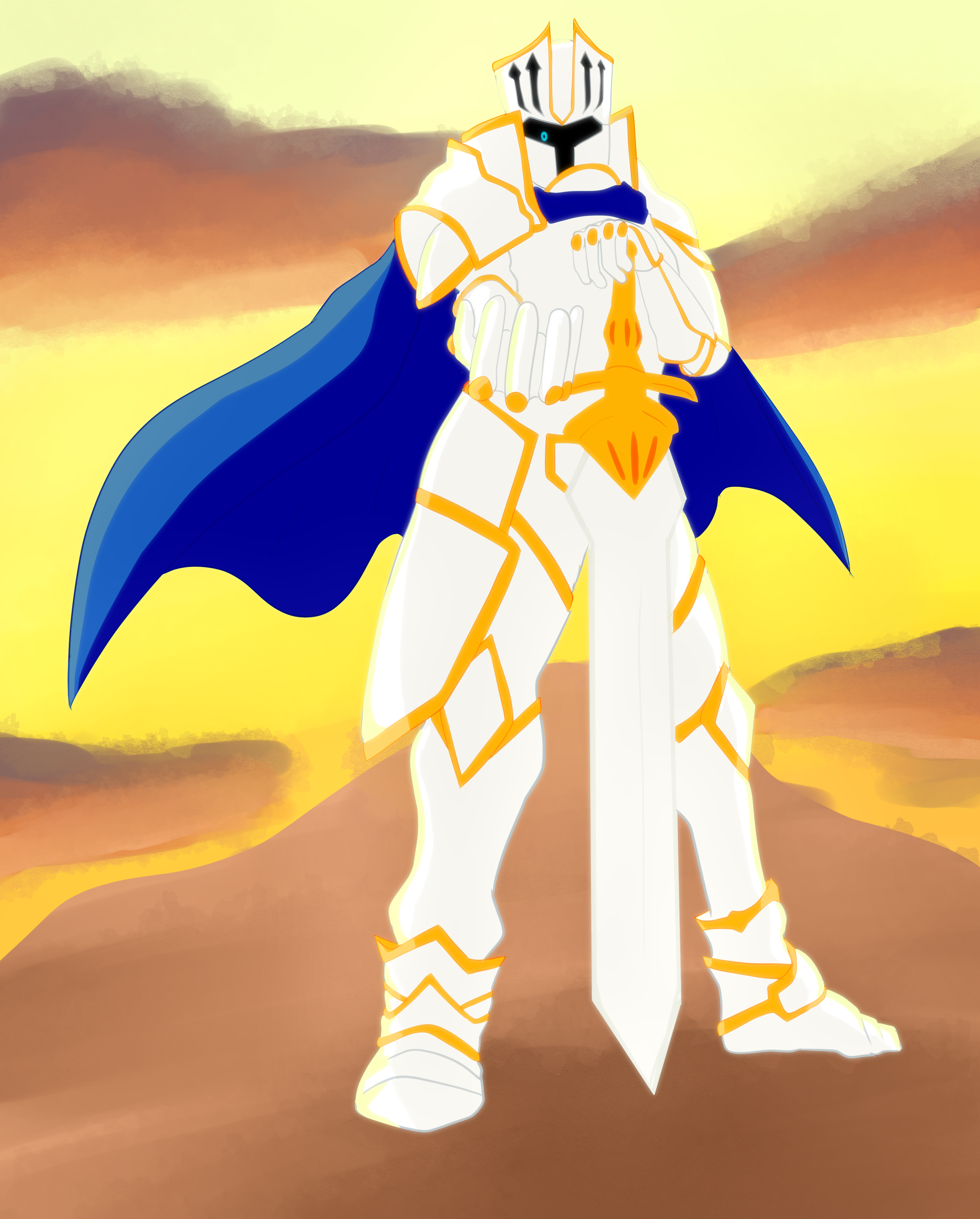 A digital illustration of a knight in shining armor with a blue cape, holding a sword, against a desert landscape with orange and yellow hues.