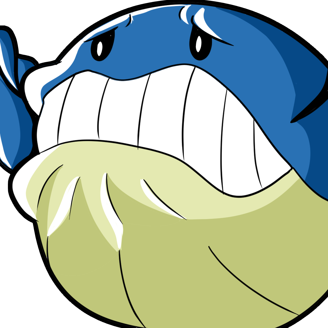 Close-up of a cartoon shark with sharp teeth, blue top, and a green arm in front, against a black background.