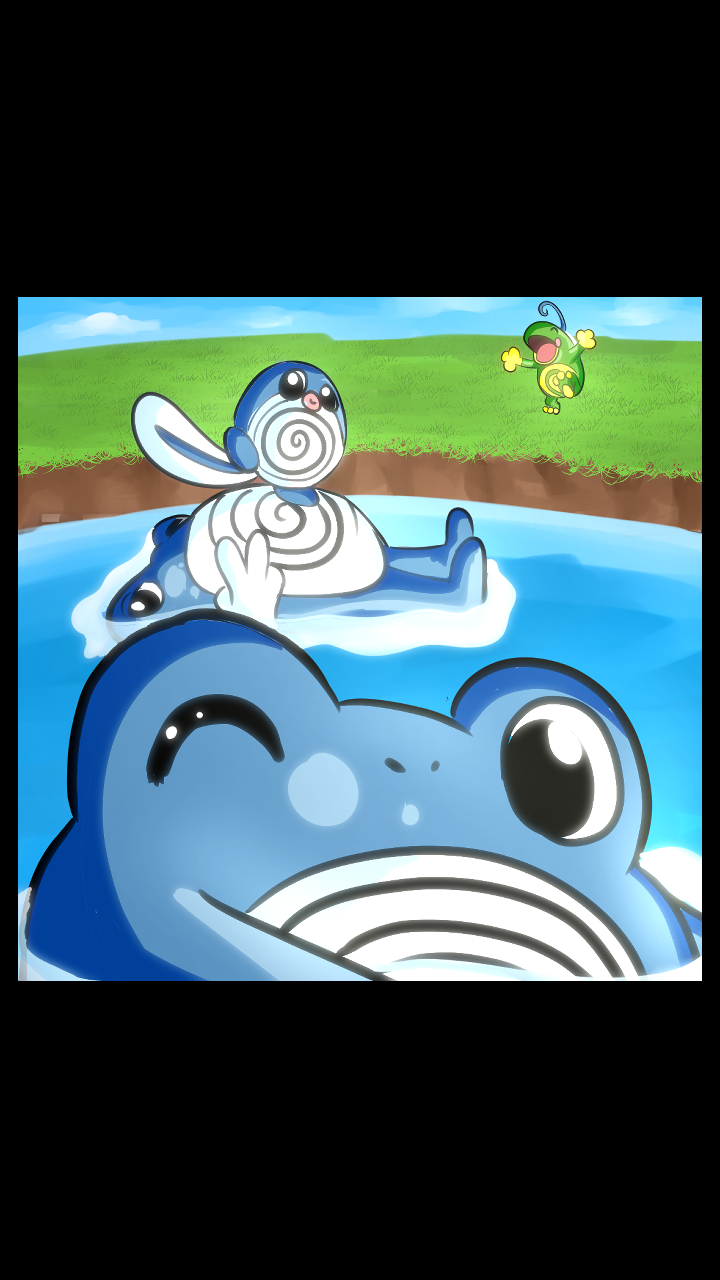 Cartoon scene with a large blue whale in a body of water, a small creature with striped spirals on its body and wings sitting on the whale's back, and a green caterpillar-like insect on the grassy shore, all under a bright blue sky.