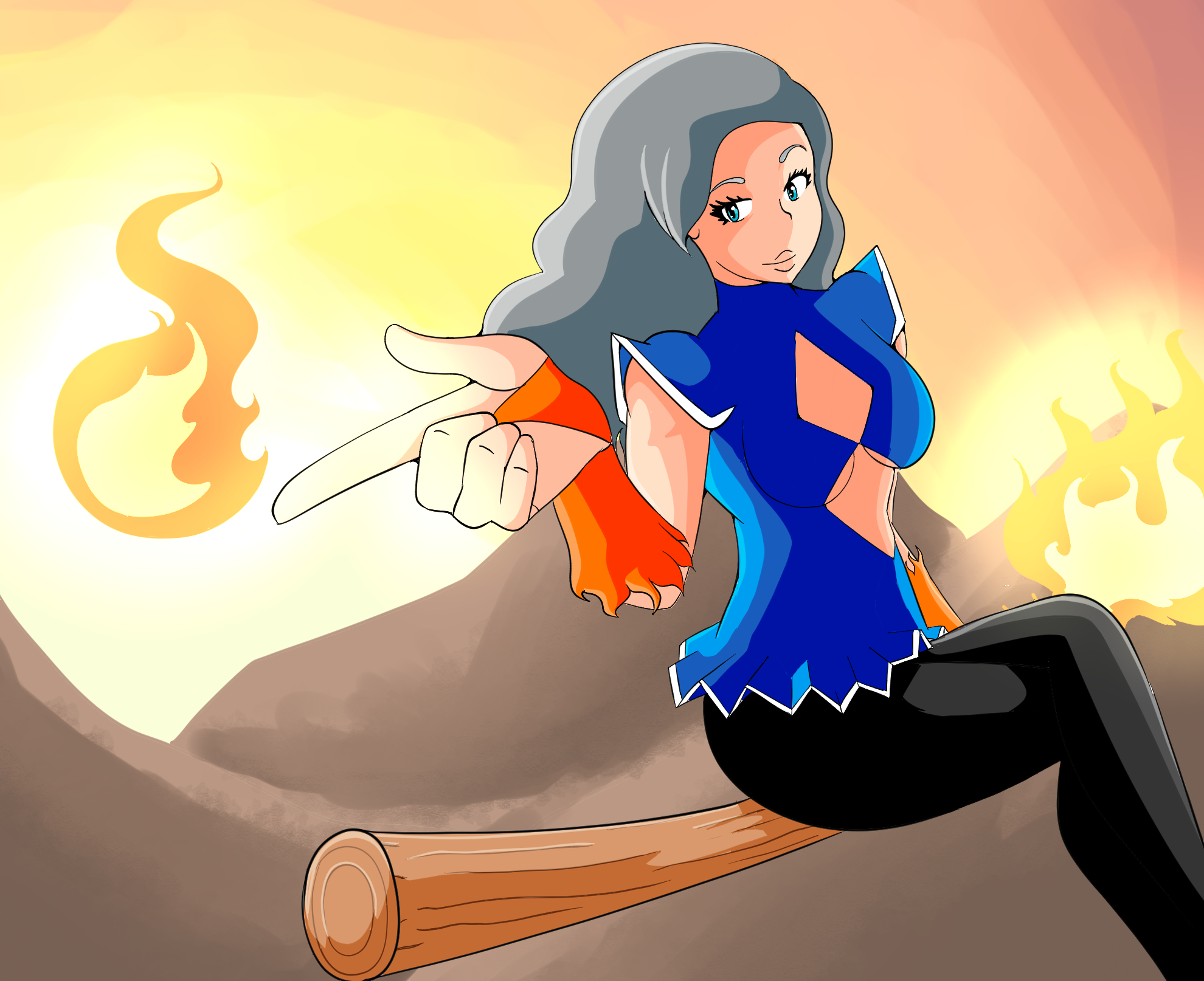 A cartoon girl with gray hair and blue eyes, wearing a blue dress with a white stripe, is sitting on a large black cauldron with a fire underneath, holding a smartphone in one hand, with flames in the background.
