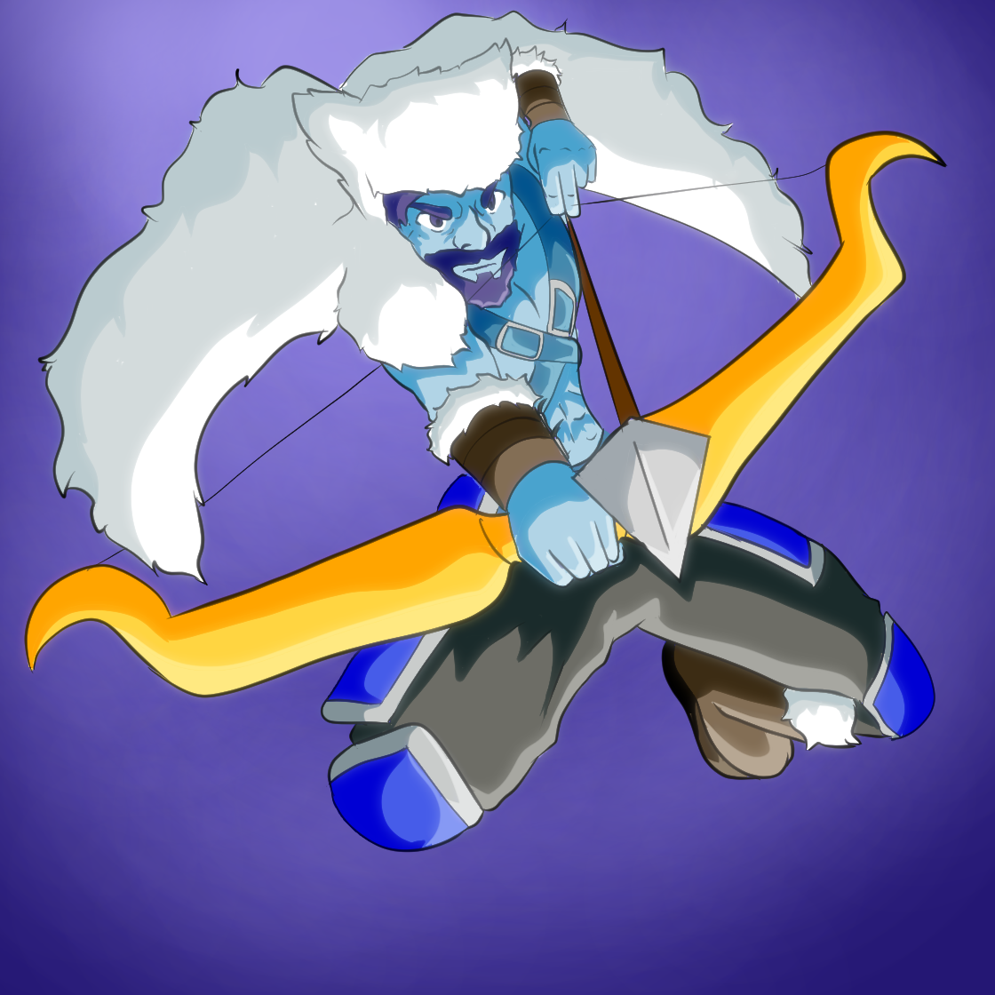 A cartoon Viking riding a skateboard while aiming a bow and arrow, set against a purple background.