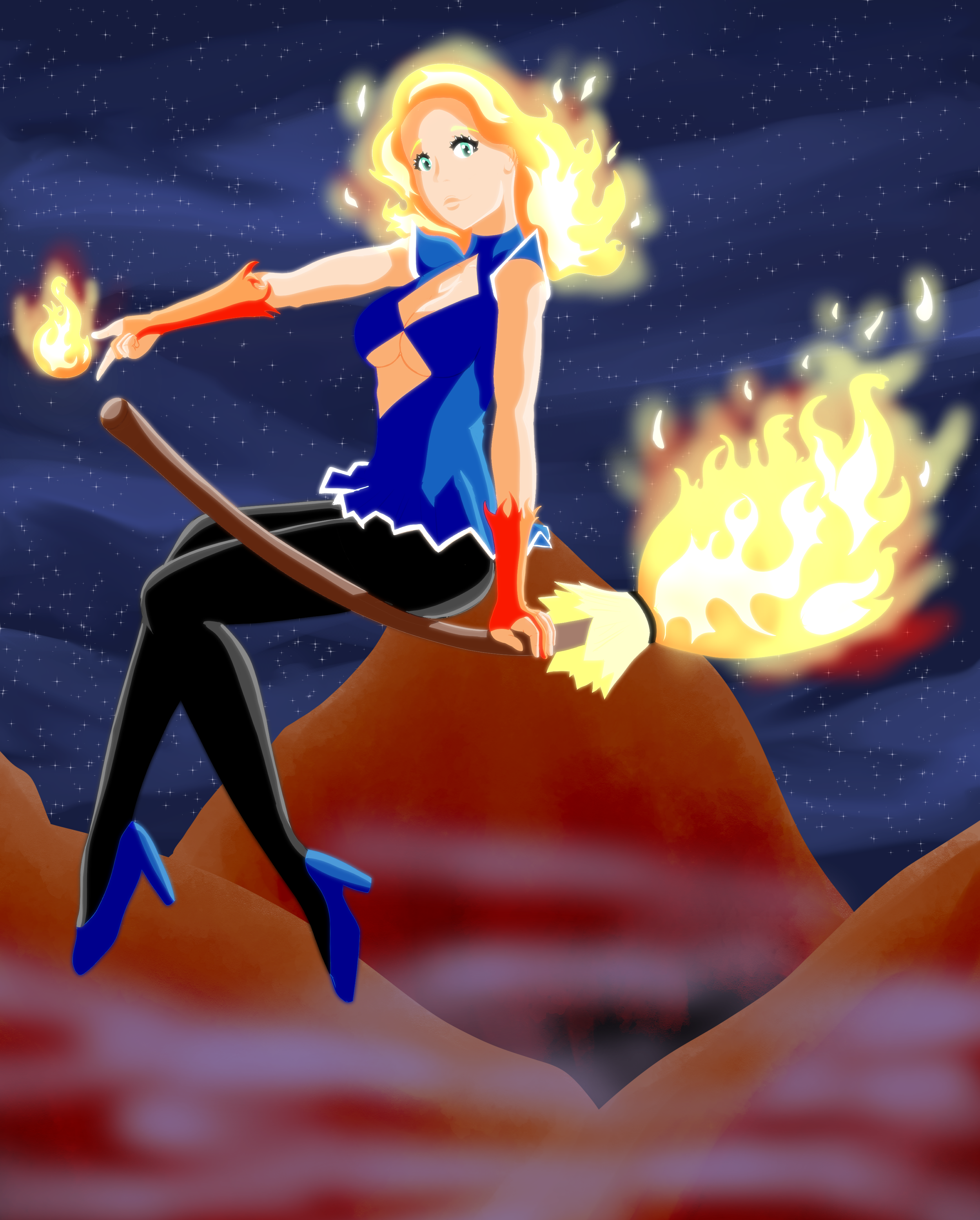 An animated woman with orange hair and teal eyes, dressed in a revealing blue outfit, riding a broomstick in space. She is surrounded by fiery flames and stars in the background.
