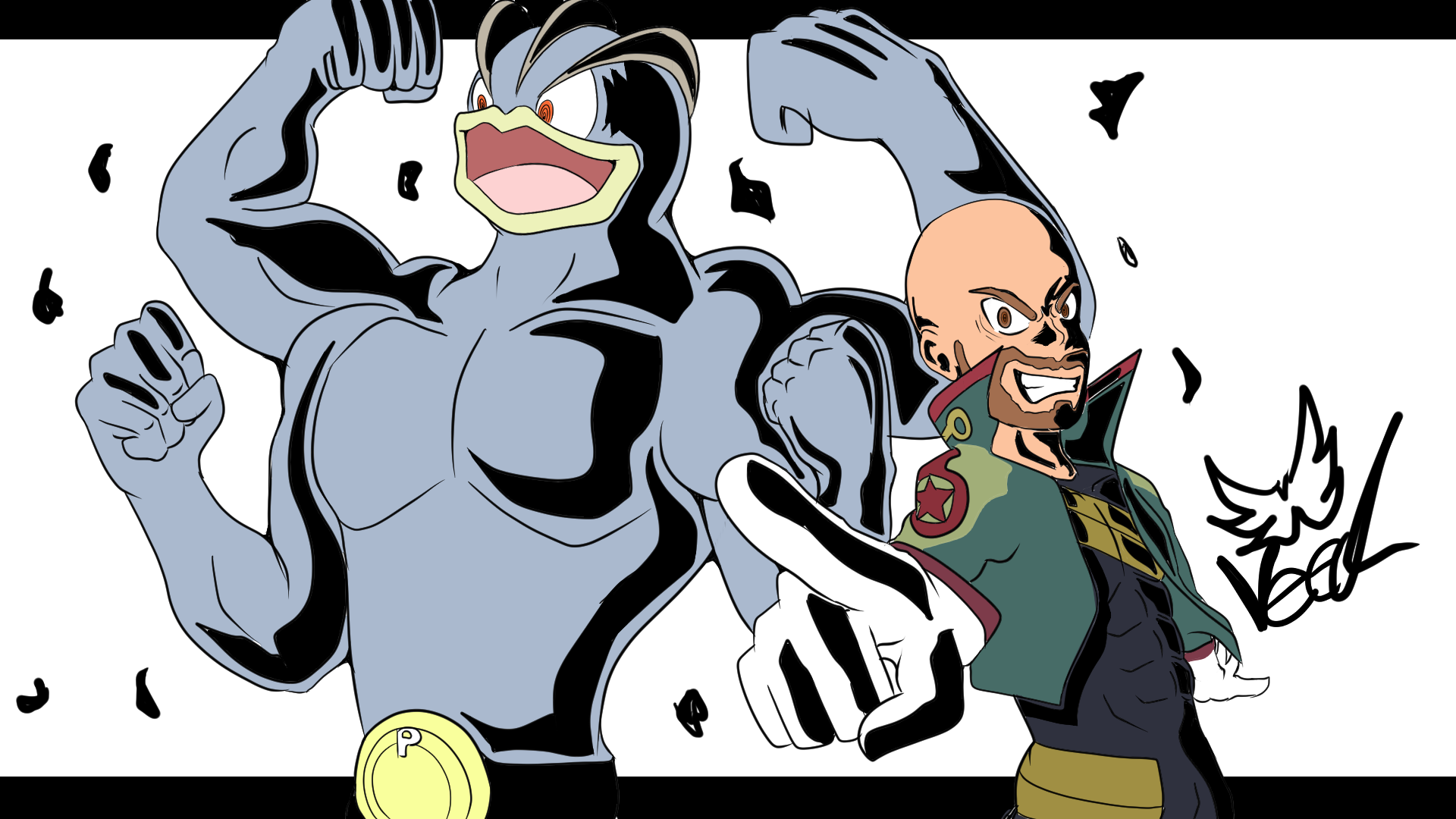 Digital illustration of two animated characters, one muscular with black and pale blue skin, showing bills and making a fist, and the other a bald man with a goatee wearing a military jacket, both posing assertively.