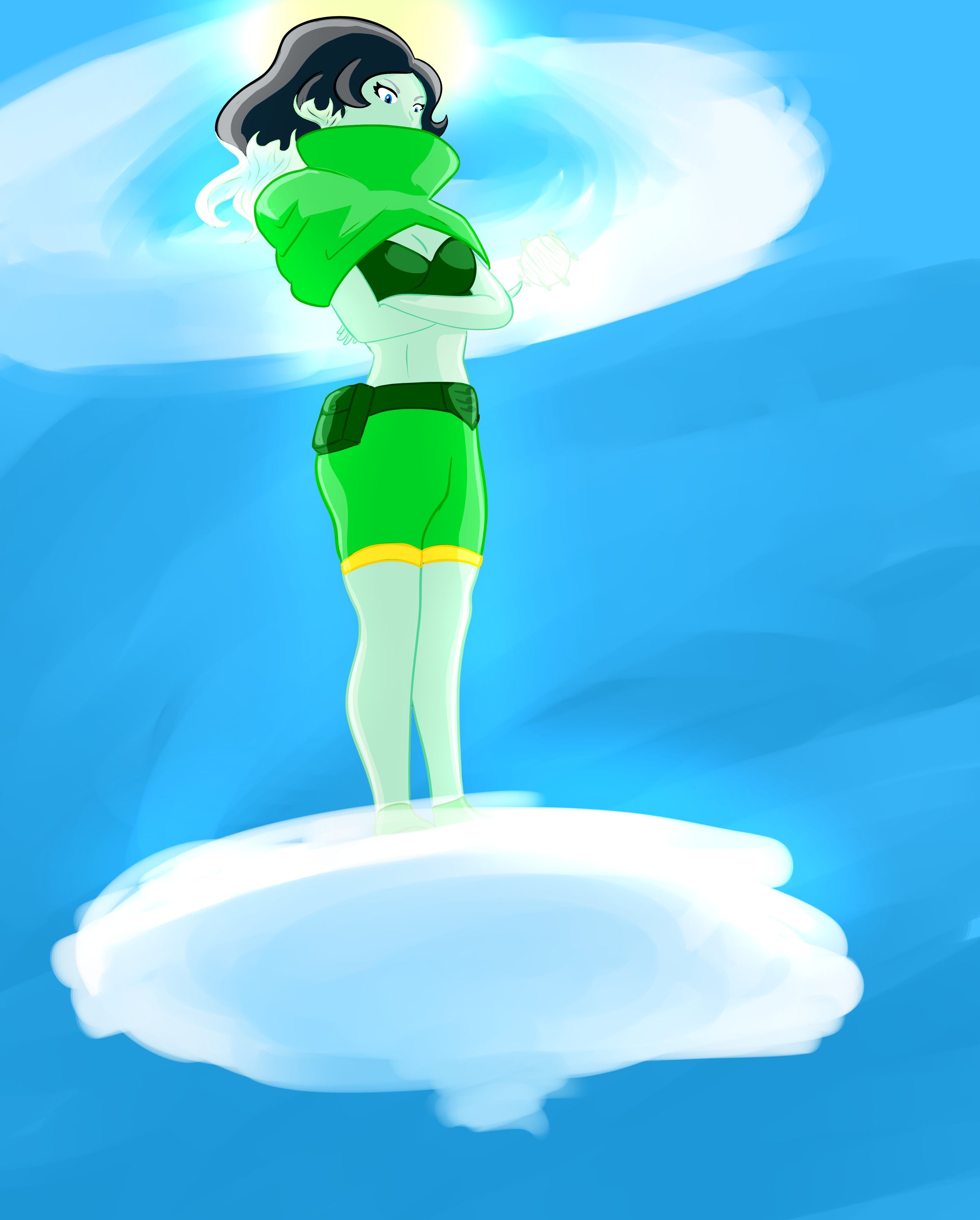A cartoon character with green hair and a green outfit standing on a cloud in the sky. The character has blue eyes and black hair with white and green highlights.