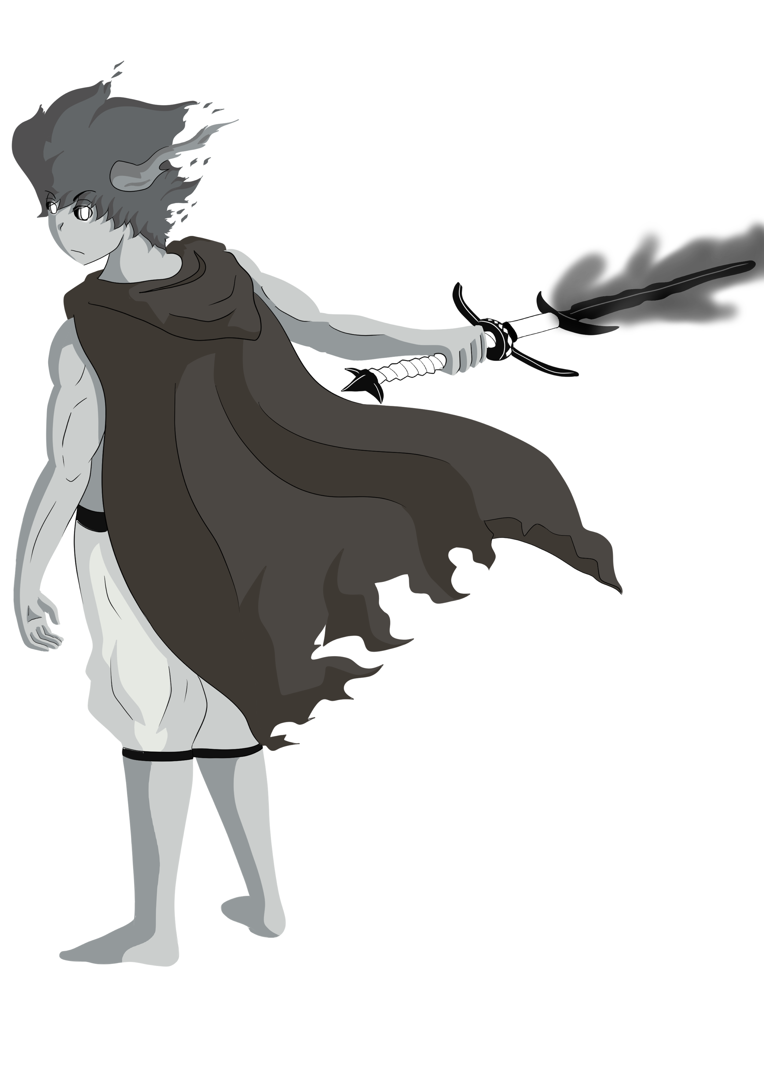 A grayscale anime-style character with animal-like ears and tail, holding a smoke-emitting sword, wearing a sleeveless cloak and shorts.