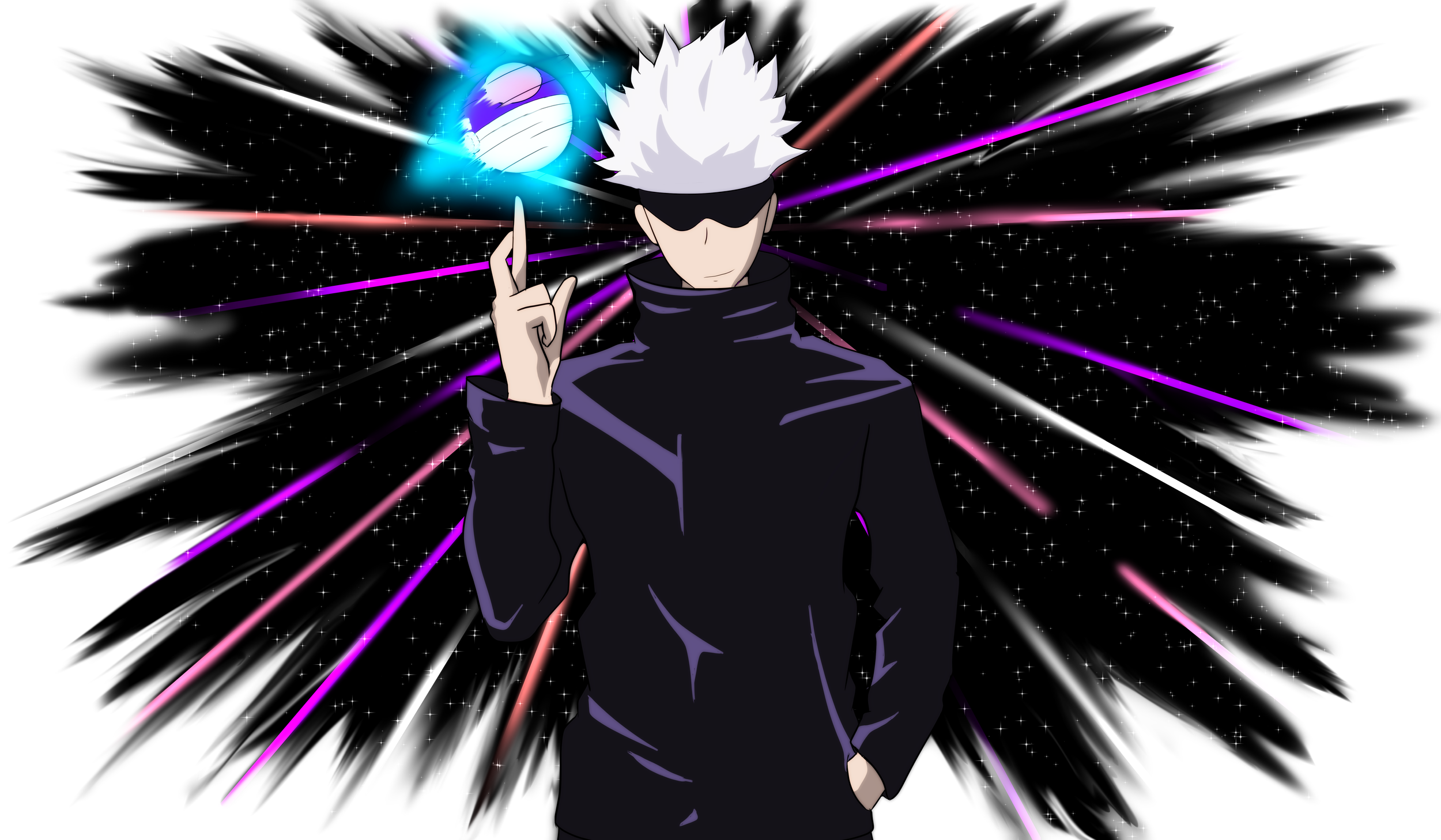 Anime-style illustration of a young man with white spiky hair and black sunglasses, wearing a black jacket, making a gesture with one hand near his face. Behind him is a dynamic cosmic background with colorful streaks of light and stars, giving a sense of motion and space.