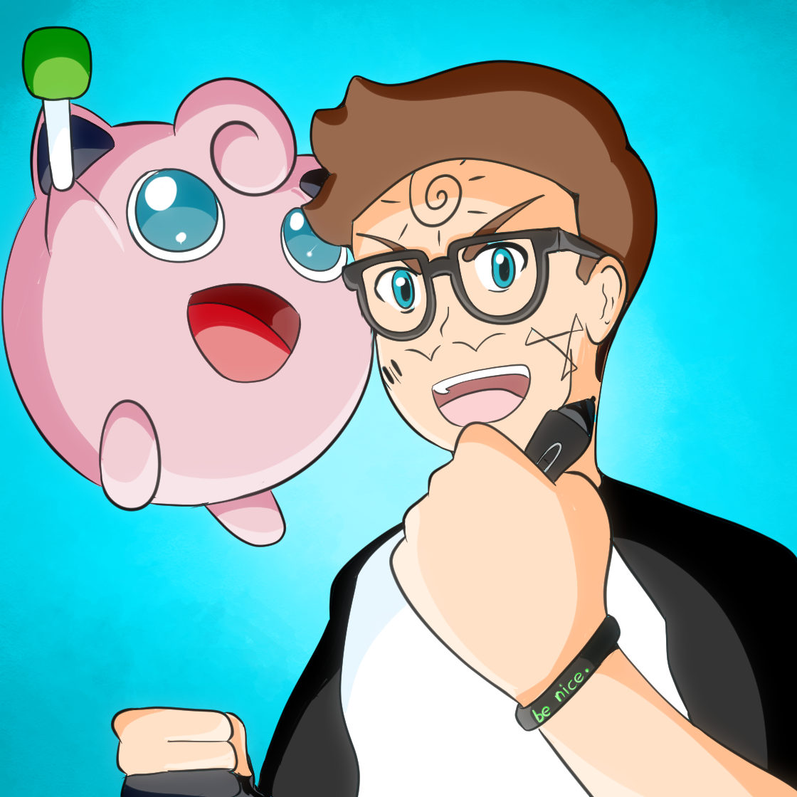 A cartoon image of a happy young man with glasses and tattoos taking a selfie with a flying pink cartoon creature with big eyes and a green propeller on its head, against a blue background.