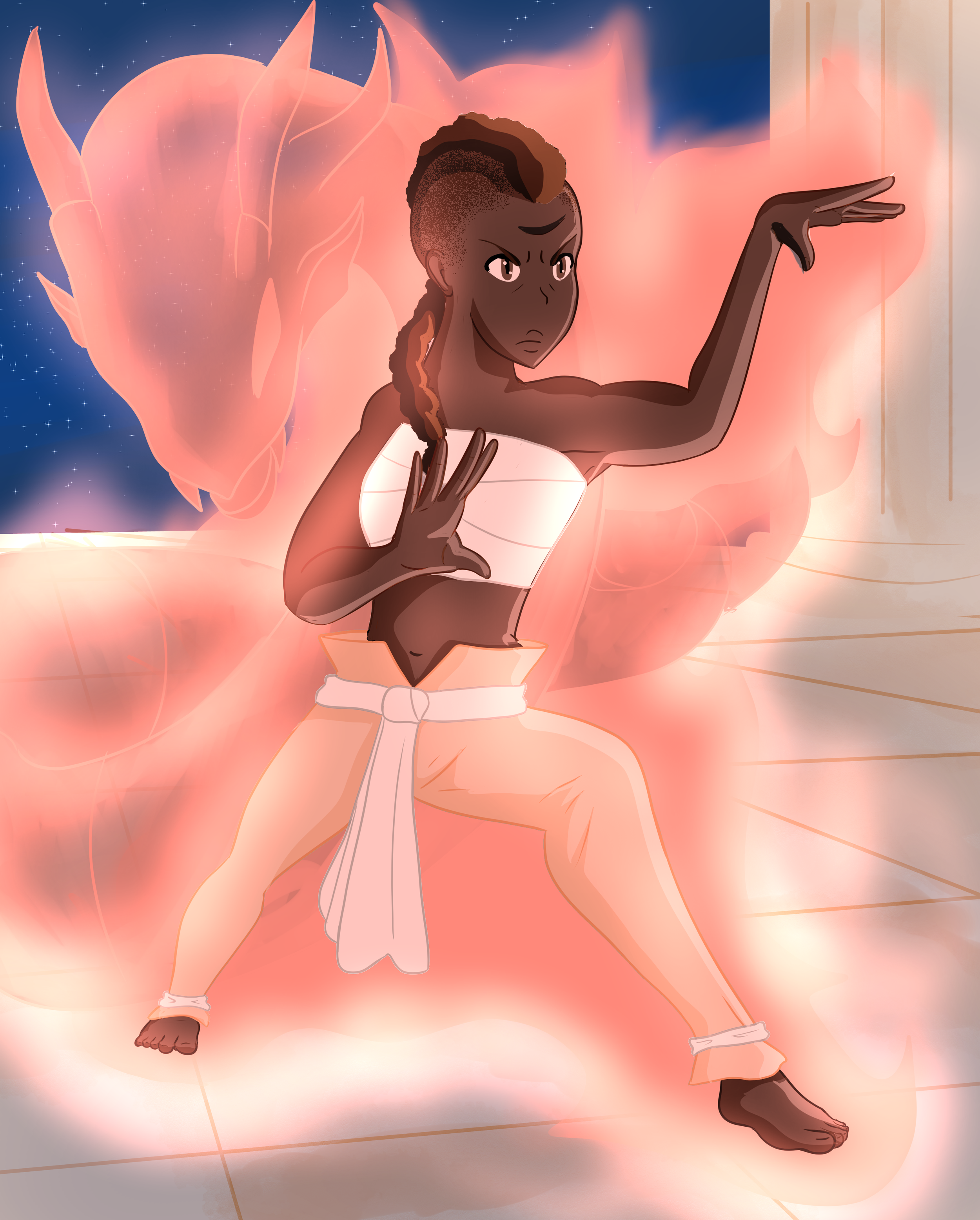 A cartoon character with dark skin, styled brown hair, and intense eyes, dressed in martial arts attire, is striking a fighting pose. The character is surrounded by pinkish-orange flame-like energy and appears to be in a dynamic stance on a tiled floor with a starry night sky in the background.