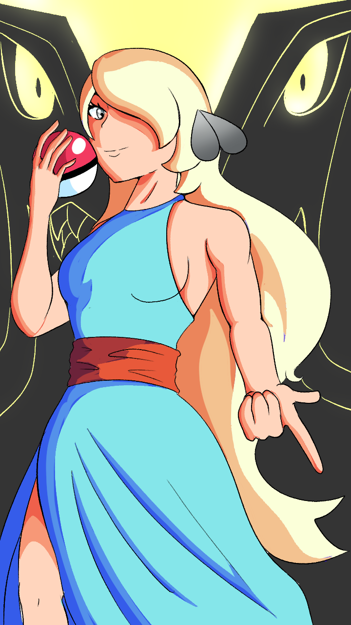 A female character with long blonde hair, holding a Pokéball, standing in front of a dark background with yellow eyes.