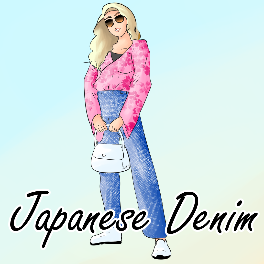 Illustration of a woman with blonde hair wearing sunglasses, a pink floral kimono, blue jeans, and white shoes, holding a white handbag, with the text "Japanese Denim" at the bottom.