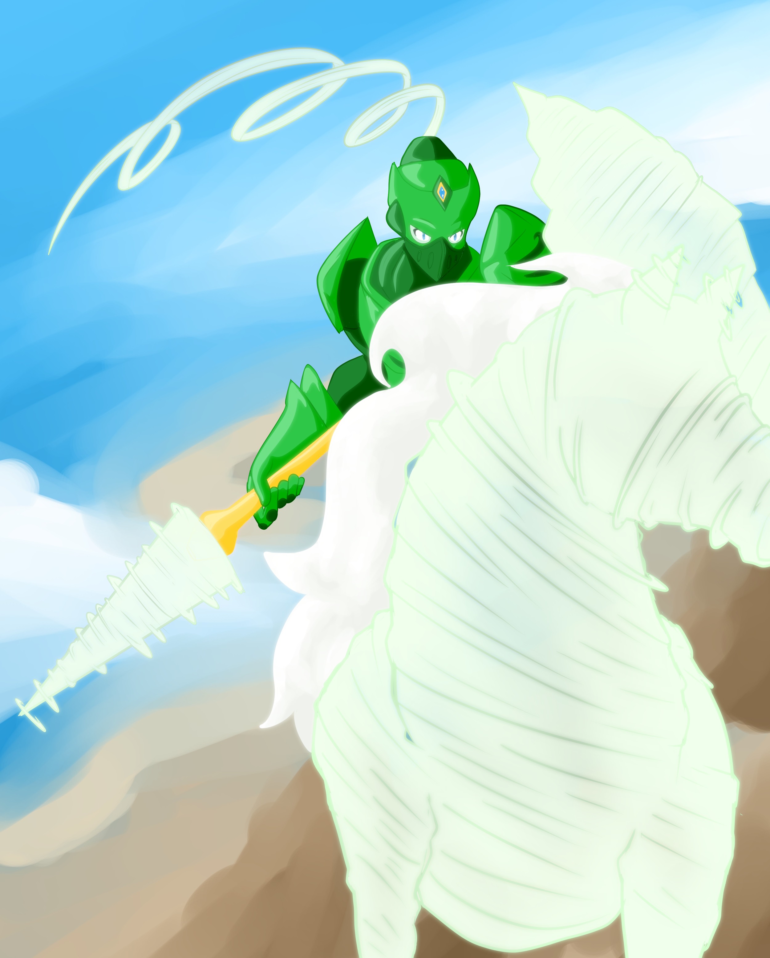 A digital illustration of a green dragon with a sleek appearance, holding a yellow sword, and standing on an undefined surface. The dragon has sharp, angular features, blue eyes, and a gemstone on its forehead. The background features a bright blue sky with a trail of white curvy light and some clouds.