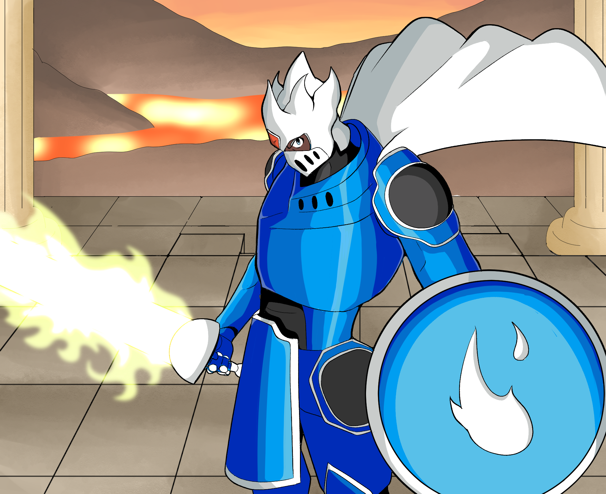 A fictional anthropomorphic wolf wearing a blue suit with armor, standing in front of a mountainous landscape with lava flowing in the background, under an orange sky, with a sword in one hand.