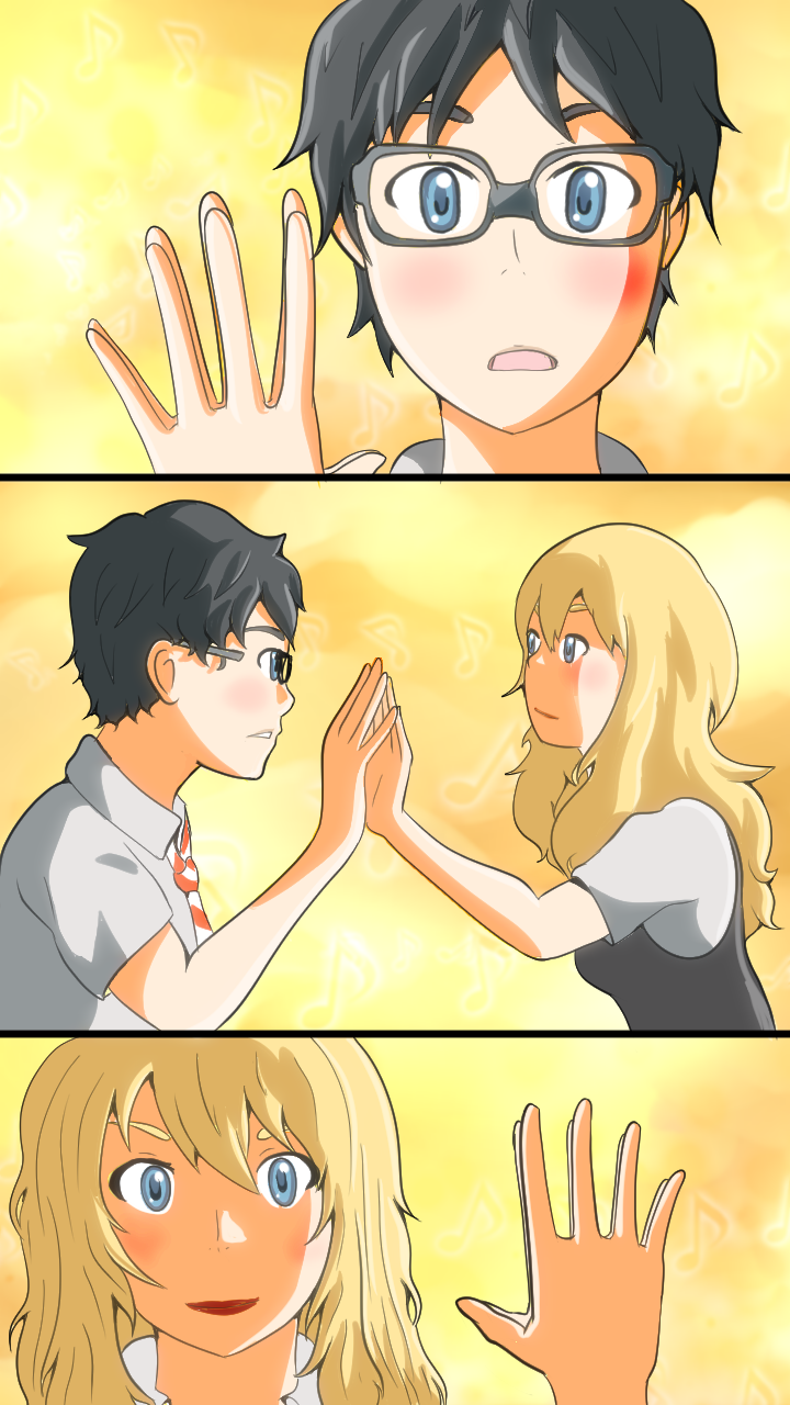 Anime-style illustration of a boy and girl touching hands in a music-themed background; boy appears surprised and the girl looks relaxed.