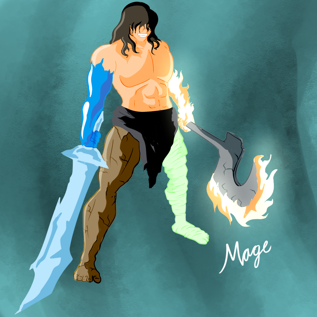 A fantasy-style illustration of a muscular male mage with dark hair, holding a large sword with a glowing blue blade in one hand and a fiery axe with a flaming hook in the other. The mage has one arm blue and robotic, and one leg green with a bandage wrapping. The background is textured in shades of teal and the word "Mage" is written nearby.