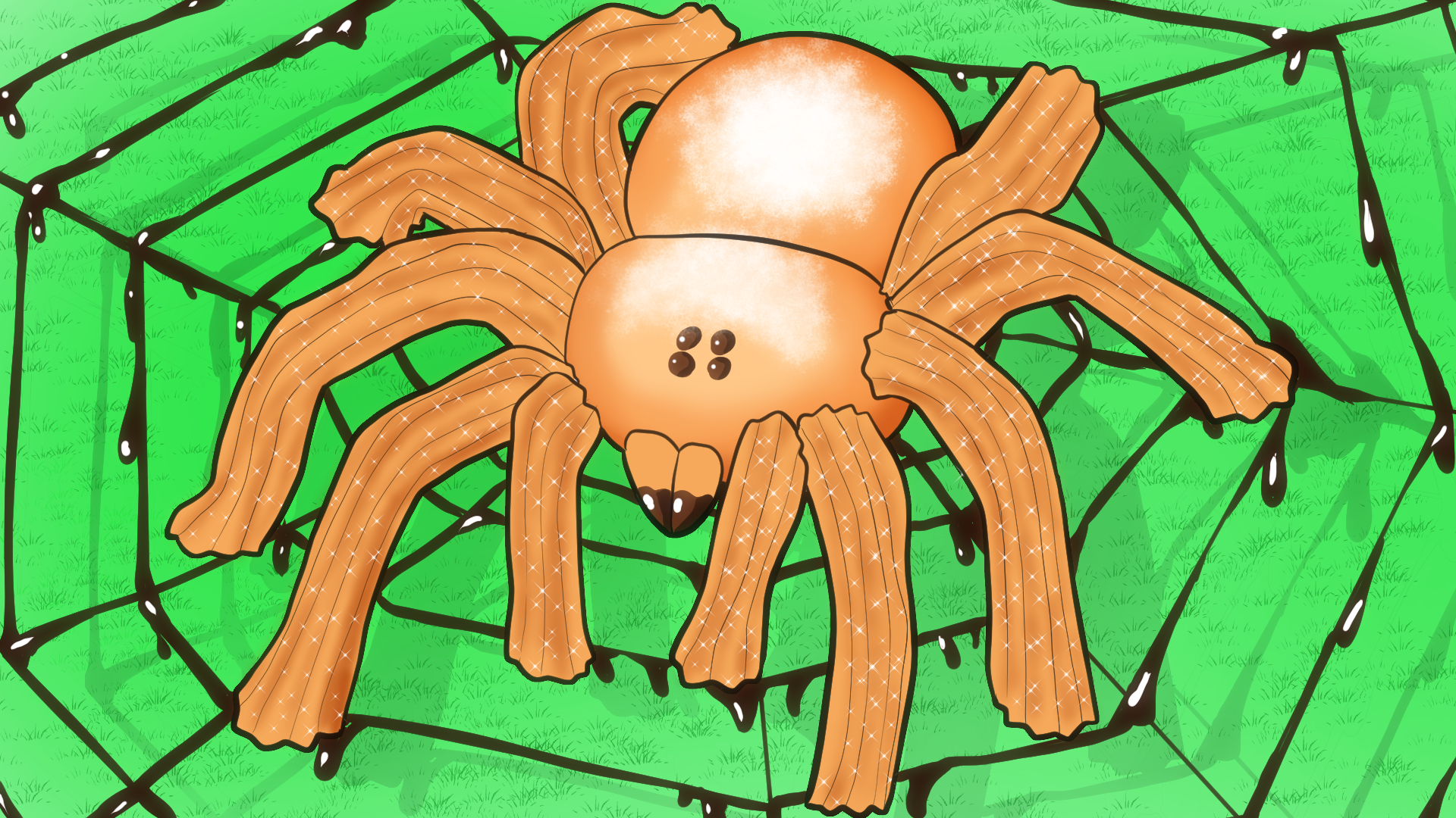 An illustrated large brown spider with shiny sparkling legs and a round body sitting on a spider web in a grassy area.