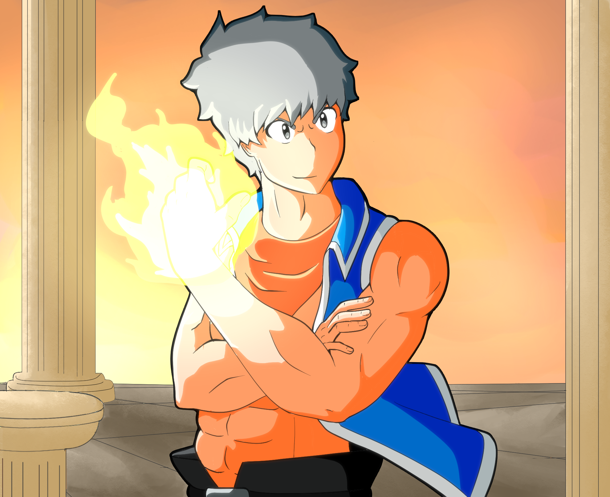 An animated drawing of a young male character with gray and black hair, pinkish skin, and a determined expression. He is wearing an orange shirt with blue overalls and has his arms crossed. The background features a warm, orange-pink gradient with a 