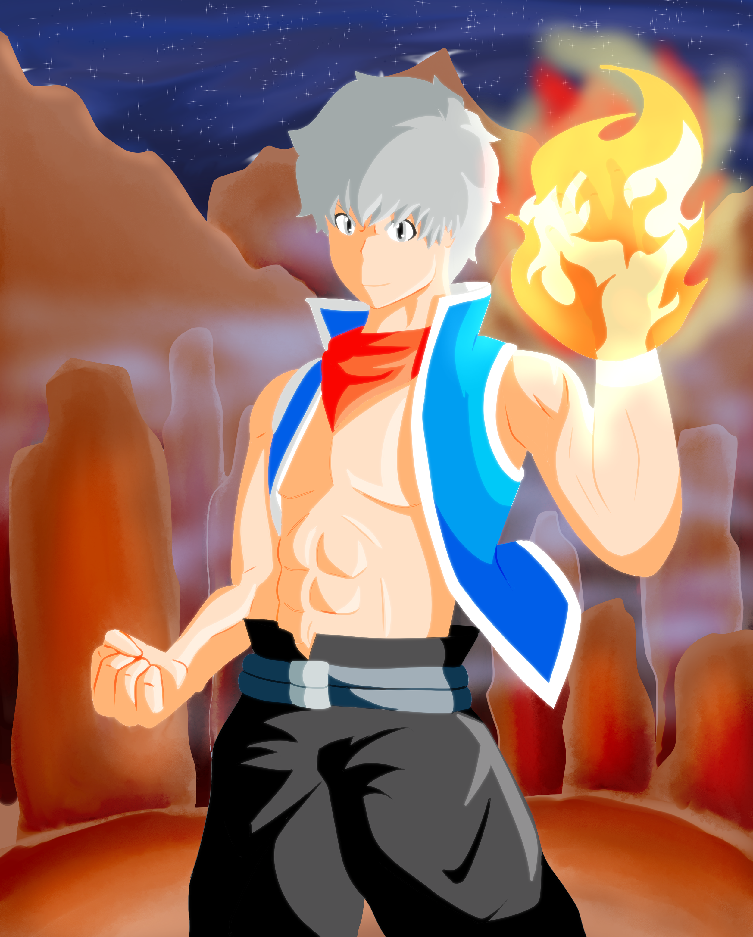 Anime-style character with gray hair, confident expression, wearing a blue and white vest, and red scarf, standing in front of a fiery background with mountains and a starry night sky.