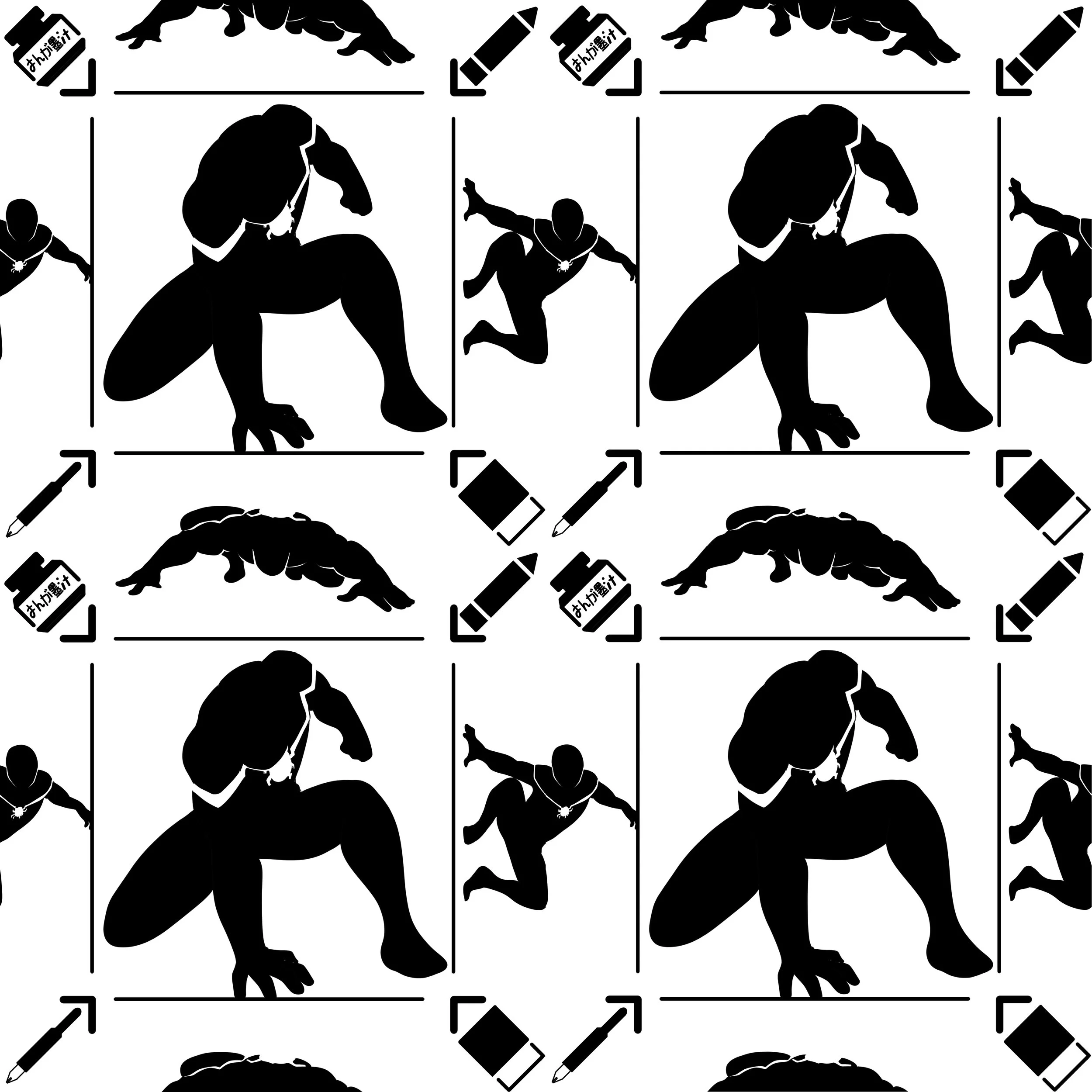 Silhouette of a person riding a large dinosaur or dragon with wings, set against a pattern of similar silhouettes and various editing icons.