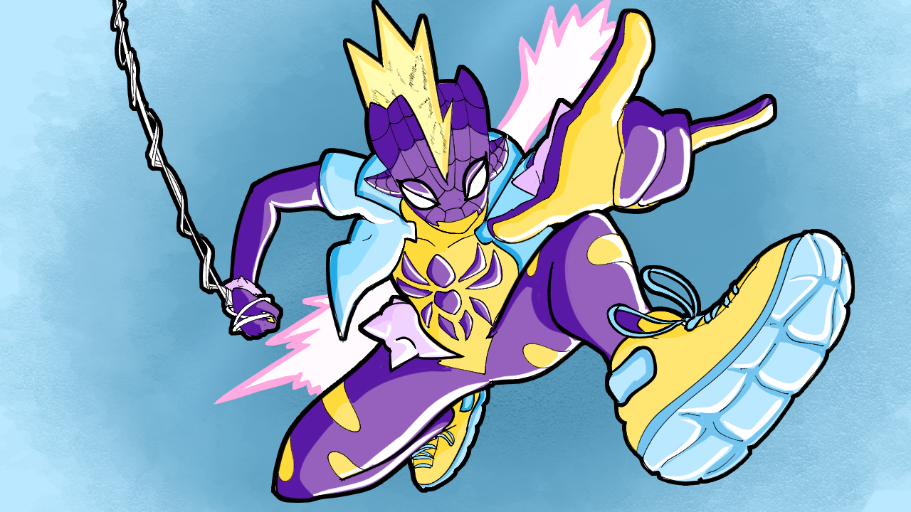 A comic-style illustration of a character with a purple insect-like face, yellow and purple clothing, yellow sneakers, and a light blue jacket, in an action pose with a chain in one hand and a dynamic background.