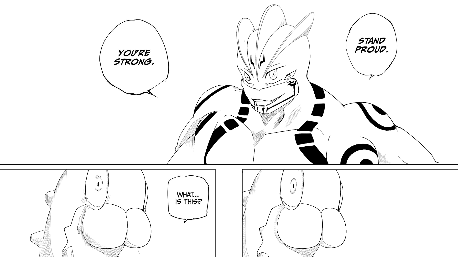 A black-and-white manga panel featuring a humanoid character with a reptilian or alien appearance, muscular build, and armor-like markings. The character is smiling and speaking, saying 'You're strong.' and 'Stand proud.' The bottom part shows two more characters reacting with surprise or confusion, with one asking 'What... is this?'.