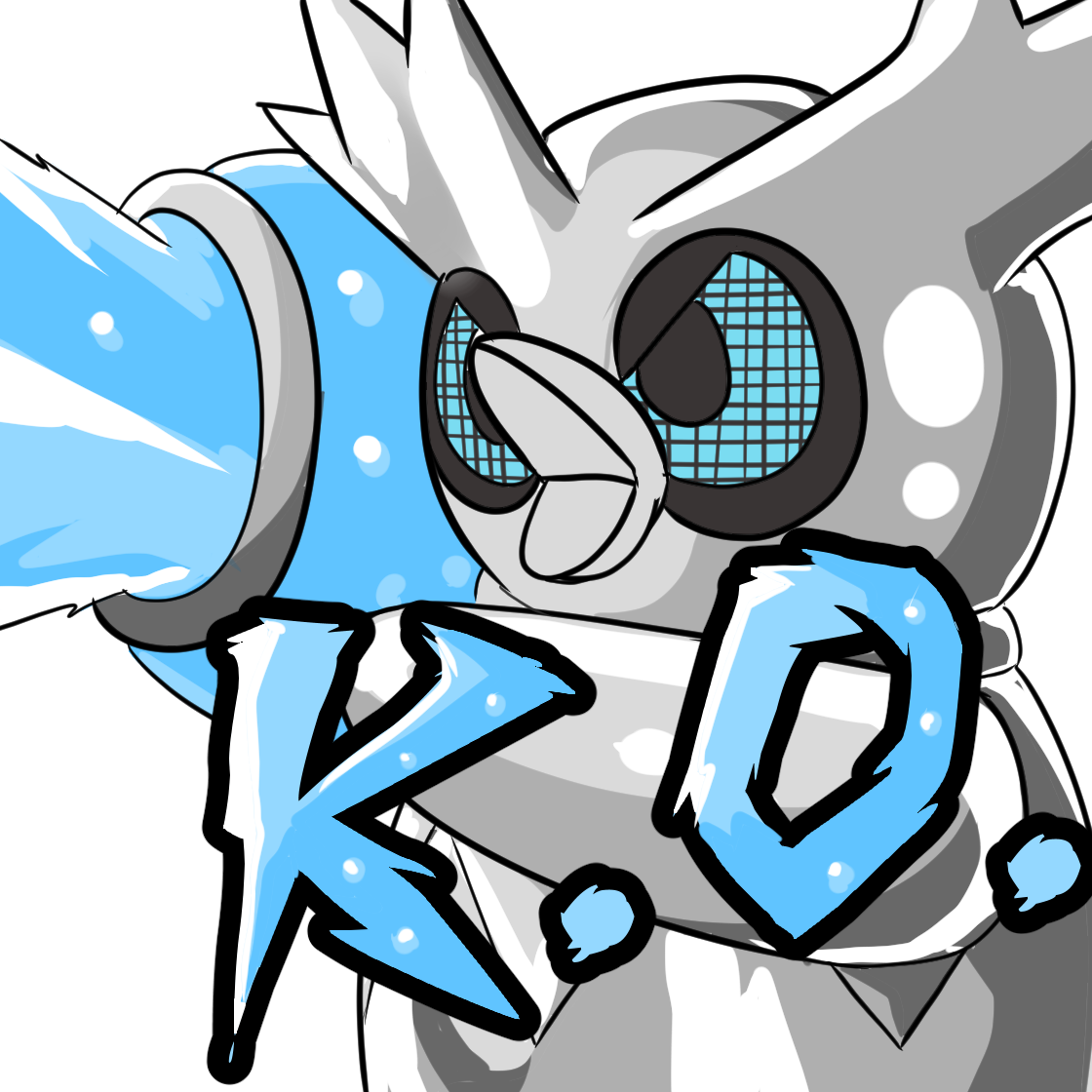 Cartoon robot with large eyes and blue accents, holding a large ice cube letter 'K' in front of a black background.