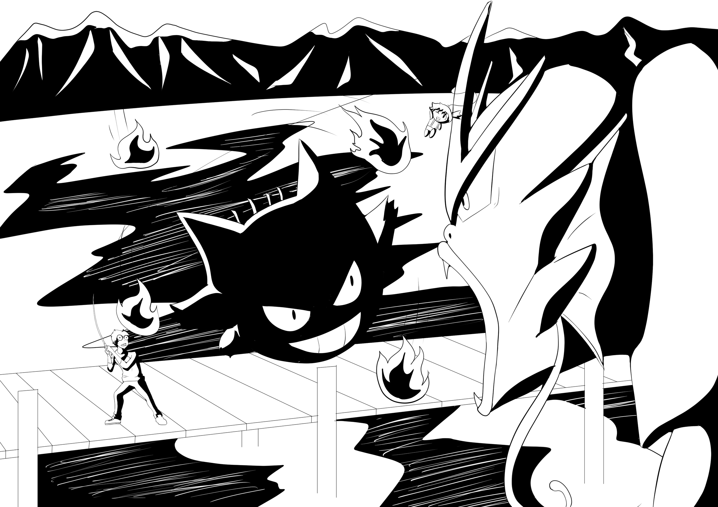A black-and-white drawing of a giant dragon with flames on its body, with a person holding a fishing rod and seemingly fishing from the dragon's mouth while standing on a bridge.