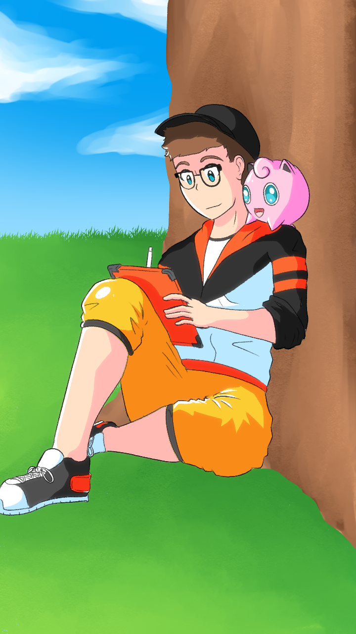 A cartoon boy sitting under a tree on grass with a small pink creature on his shoulder, reading a book.