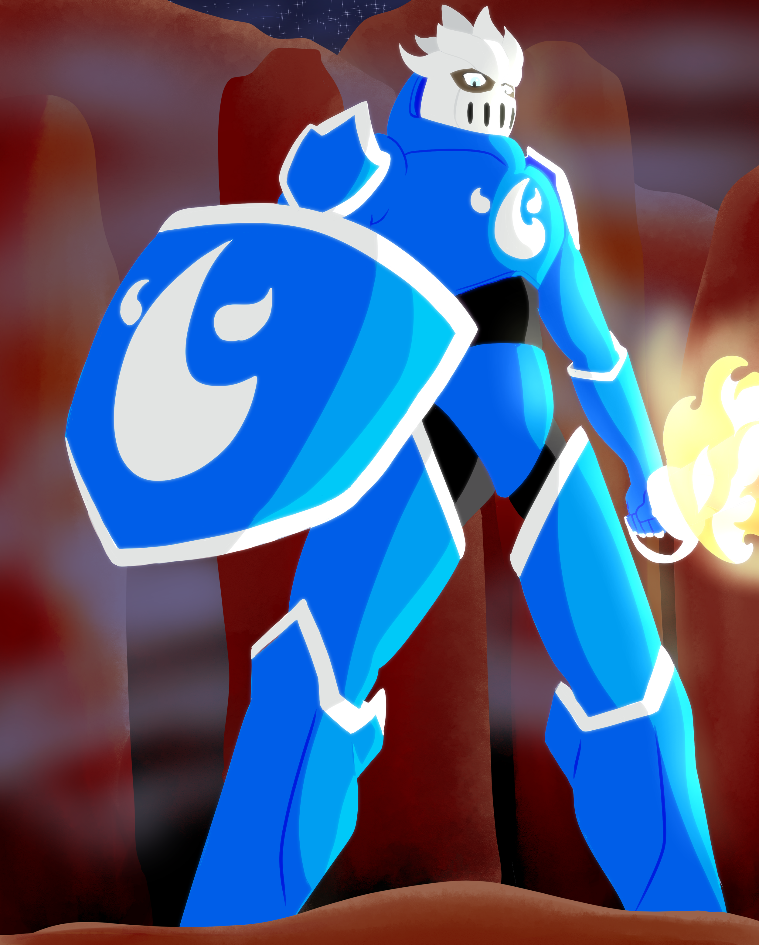 A digital illustration of a knight with white spiky hair, wearing a blue and white armor with glowing accents, holding a shield with a stylized animal symbol, standing in a rocky landscape under a starry sky.
