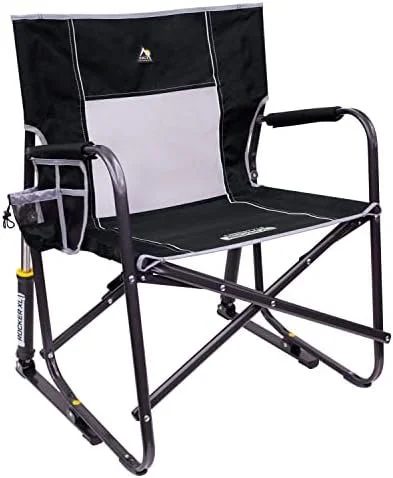 Black and gray outdoor chair with armrests and a built-in cup holder on the right armrest.
