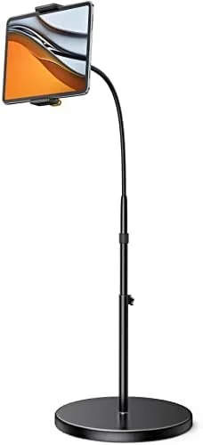 A tablet mounted on a black adjustable stand with a round base.