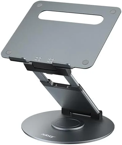 A laptop stand with an adjustable arm and a flat, rectangular surface for holding a laptop, mounted on a round base.