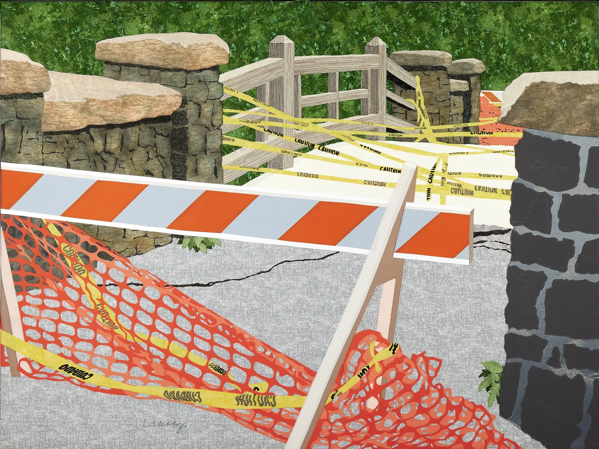 A damaged stone and brick wall section with plywood and caution tape, orange construction fencing, blackened stones, and small green plants on cracked concrete ground.
