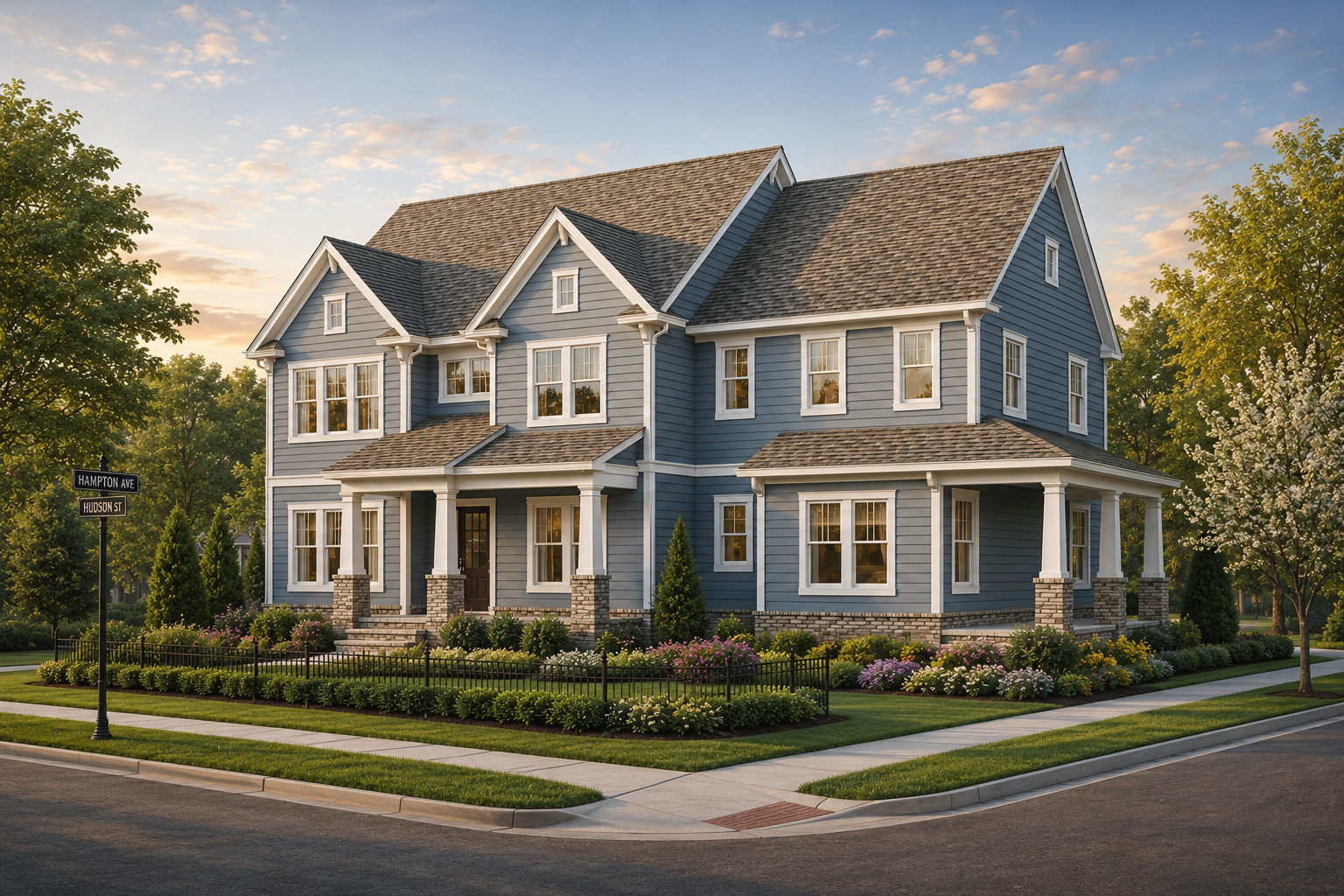 A large blue wooden house with white trim and a manicured front yard, situated on a corner lot at sunset.