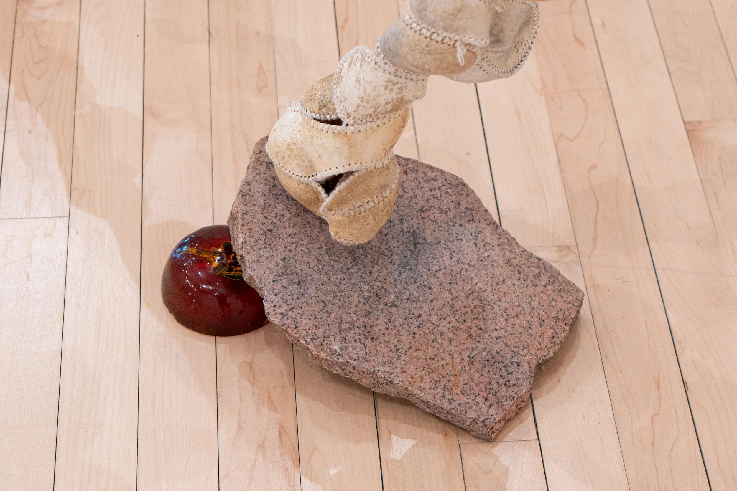   Spine —   Leather, silk, granite, steel, bearing balls, pine rosin, Darth Vader house key
 
Image courtesy of Priya Vaswani