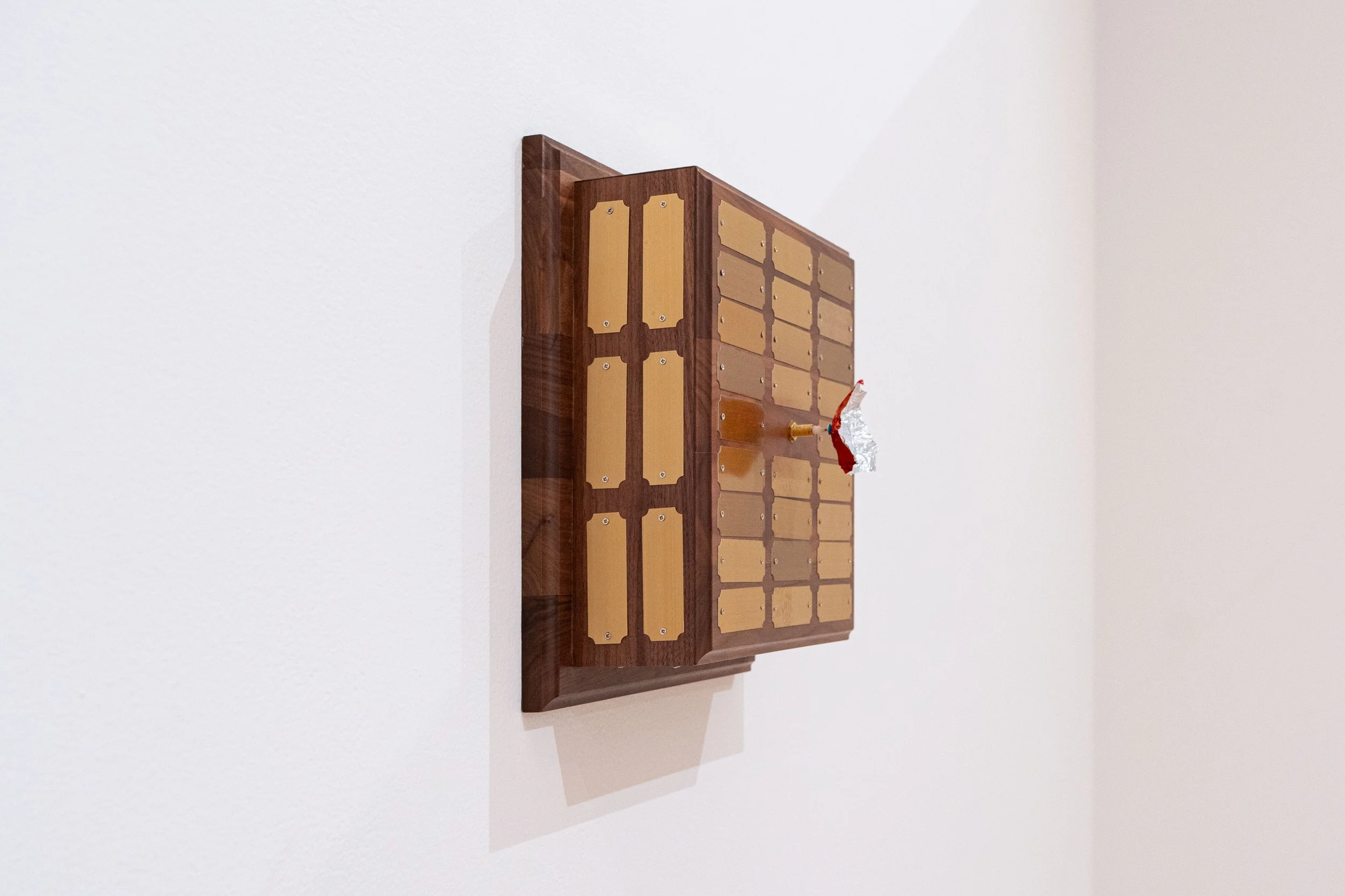   Untitled (Perpetual Plaque) —   Walnut, brass, clock movement, foil chocolate wrapper
 
Image courtesy of Priya Vaswani