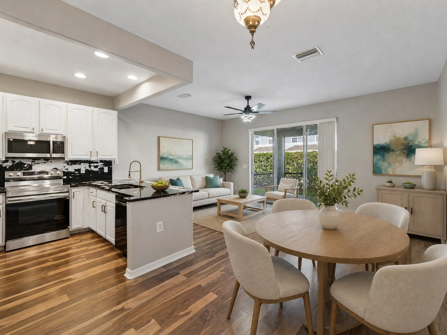 Townhome kitchen living room virtually staged with furniture