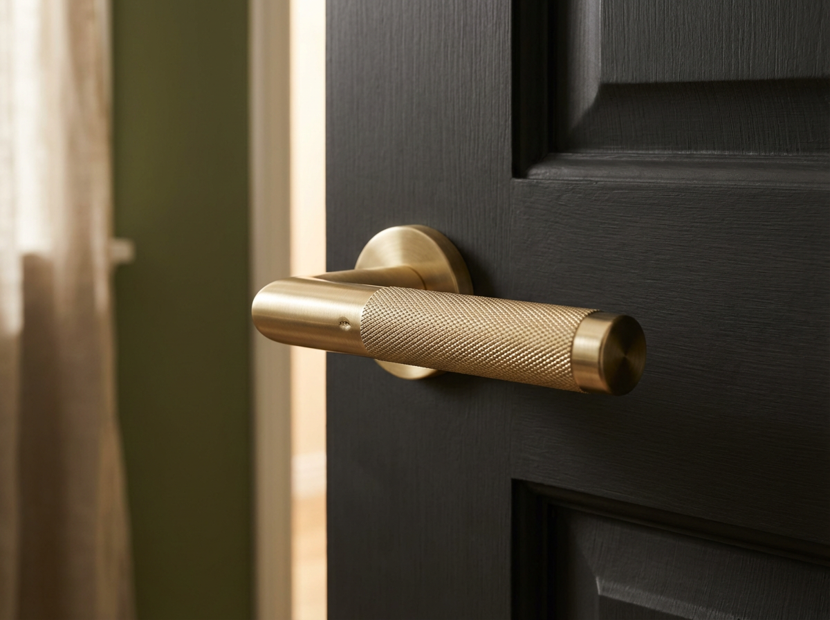 Gold-colored door handle on a black door, with curtains visible in the background.