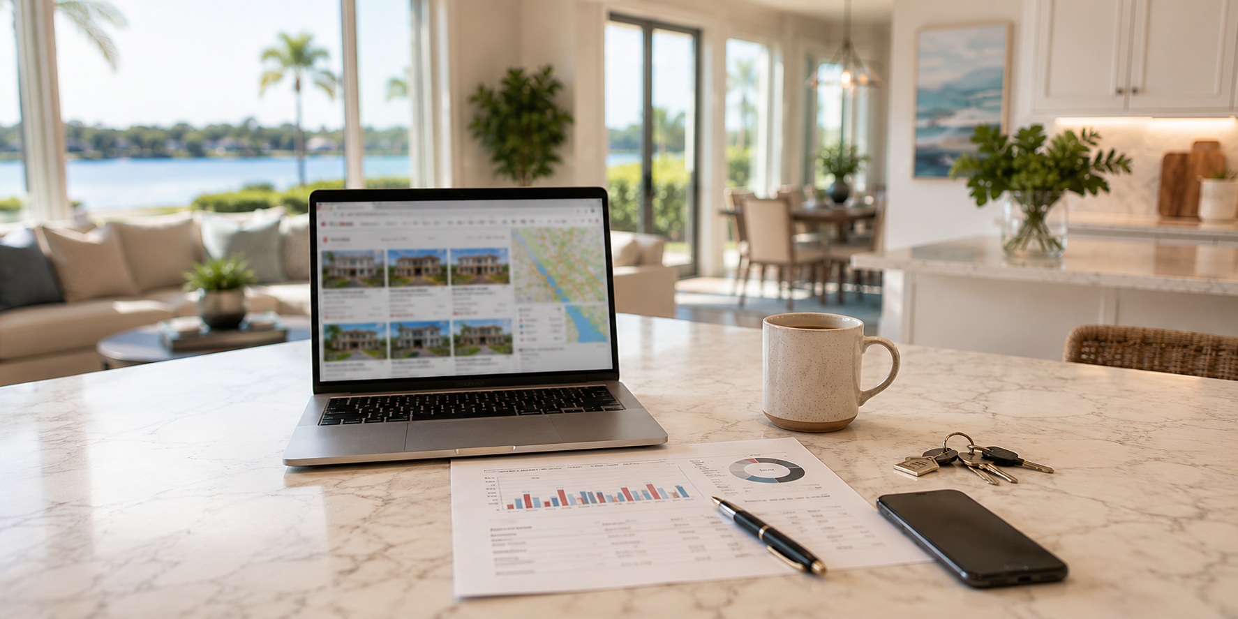 Modern Florida home workspace with a laptop displaying home listings, market analysis, house keys, smartphone, and coffee, representing strategic real estate guidance in Tampa Bay.