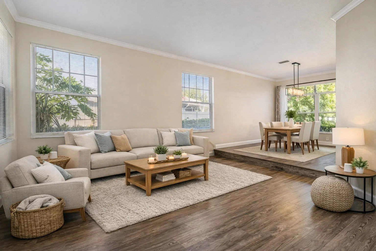Large living room with dining in back virtually staged