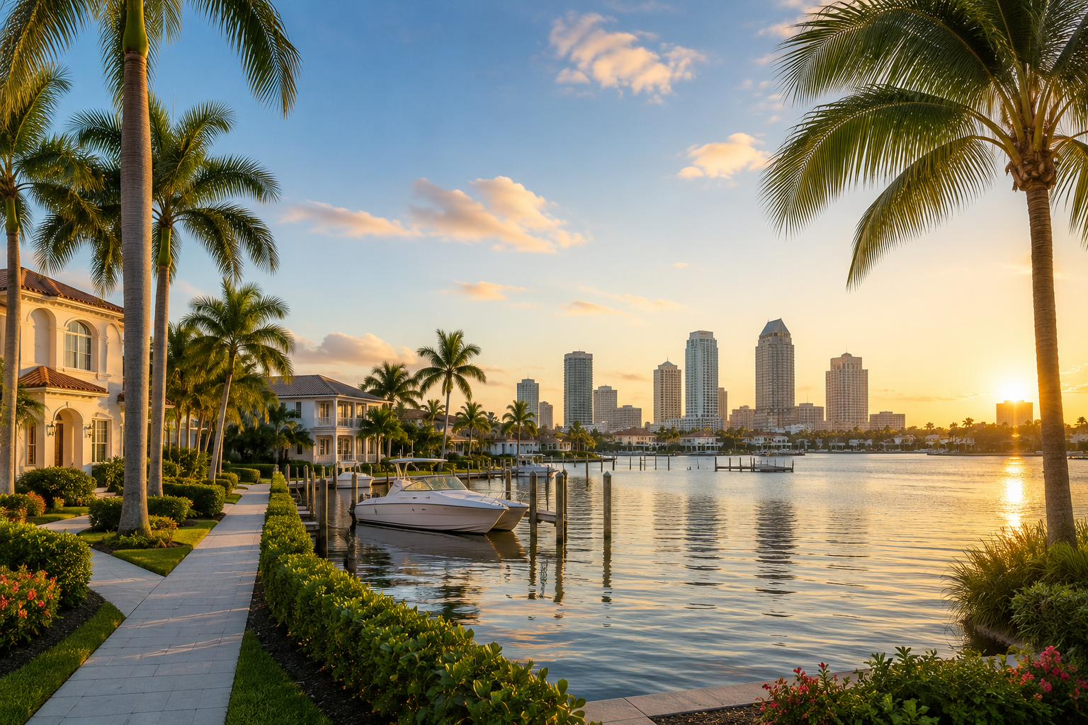 Sunset over a city skyline viewed from a waterfront residential area with palm trees, boats, and houses.