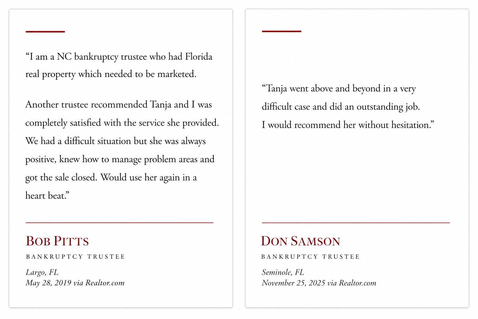 Two testimonial cards featuring reviews from bankruptcy trustees praising Tampa Bay Realtor Tanja Cisliek for successfully handling complex bankruptcy estate property sales, problem-solving difficult transactions, and providing professional service.
