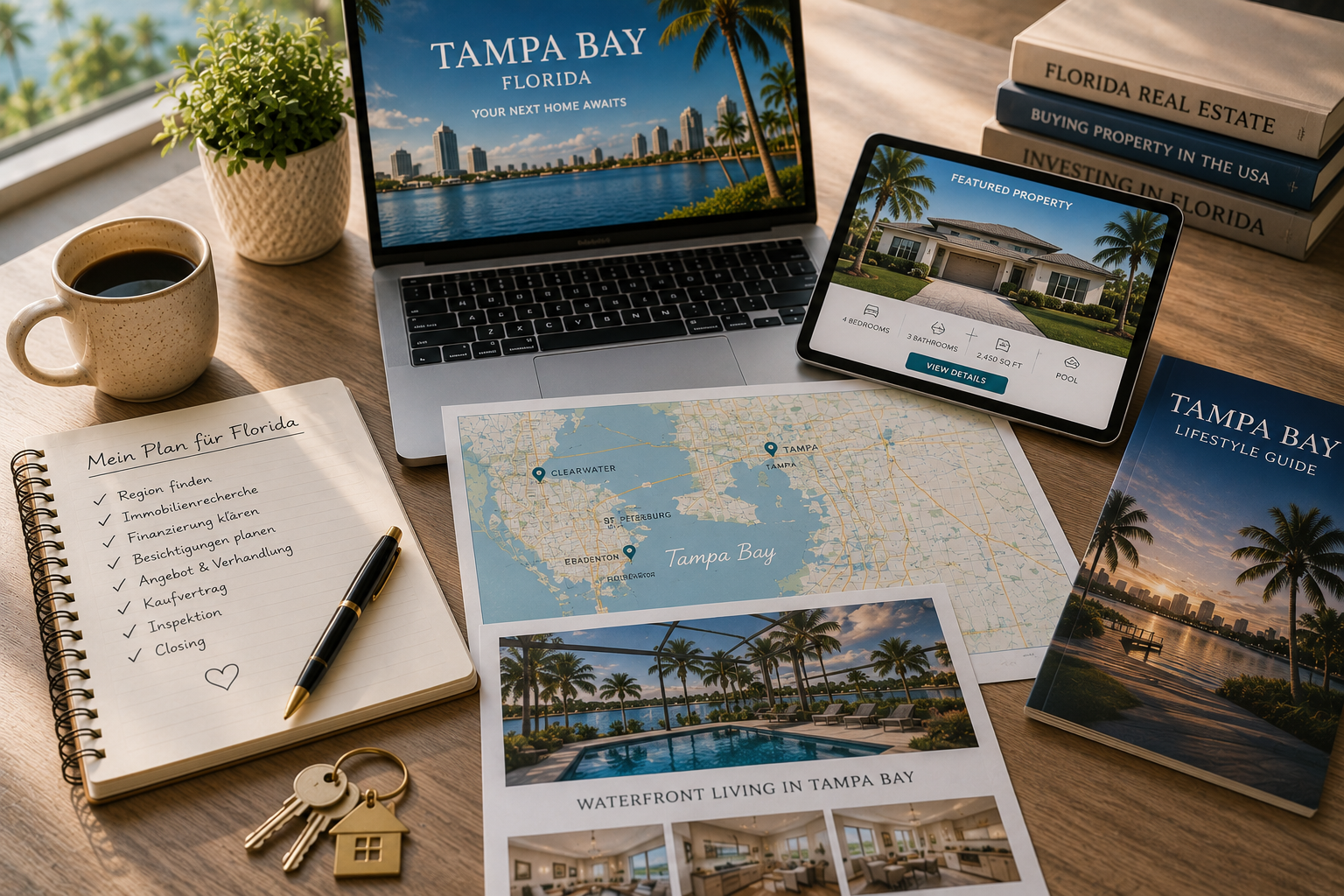 A desk with a laptop displaying Tampa Bay, Florida, a tablet showing property details of a house, a notebook with a plan for Florida in German, a cup of coffee, keys with a house key, a potted plant, a map of Tampa Bay, an aerial photo of a waterfront pool, and several real estate books.
