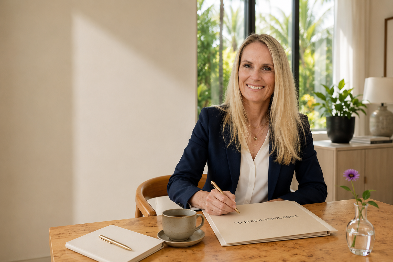 Real estate advisor seated at a bright home office desk reviewing a "Your Real Estate Goals" folder, representing personalized real estate guidance and consultation.